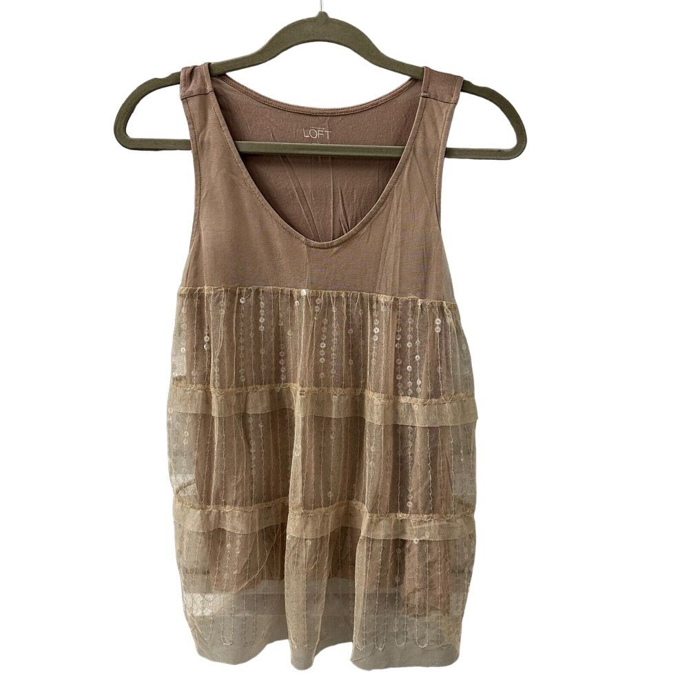 Loft Womens Sleeveless Top Blouse S Tulle Sequin Lace Tiered Beige Taupe